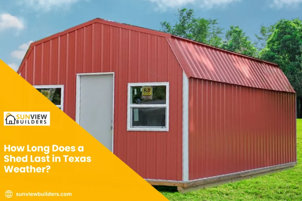 Custom storage shed built by Sunview Builders standing strong in Texas weather with durable siding, metal roofing, and long lasting construction designed for year round protection.
