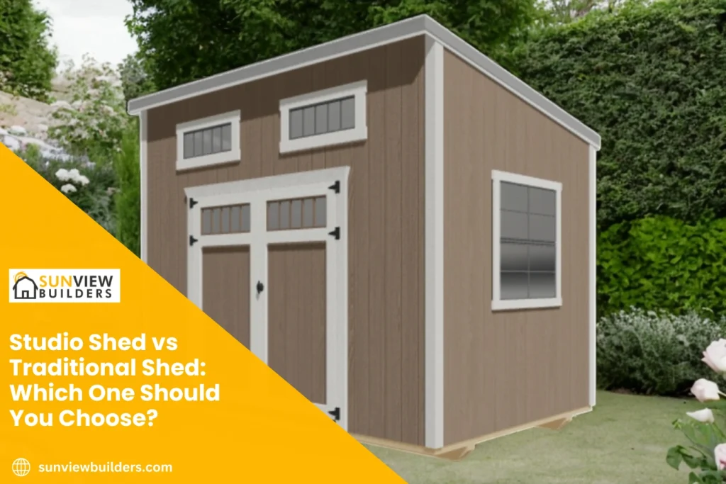A modern Studio Shed beside a traditional storage shed in a Texas backyard, showcasing their different designs, sizes, and uses for work, creativity, and storage.