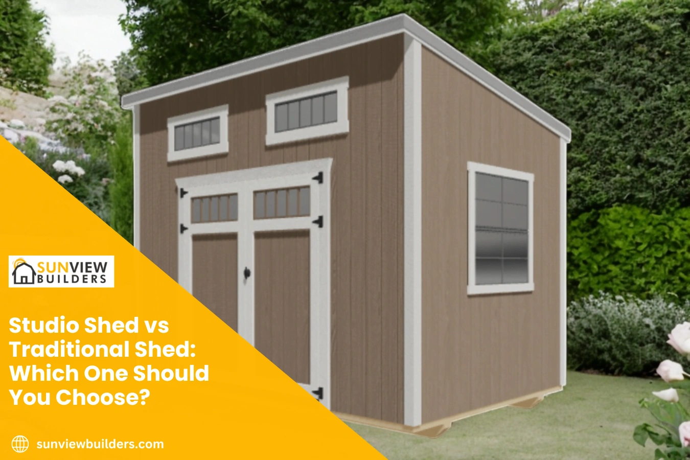 A modern Studio Shed beside a traditional storage shed in a Texas backyard, showcasing their different designs, sizes, and uses for work, creativity, and storage.